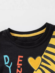 Black cotton baby tee with tiger graphic and yellow trim neckline.
