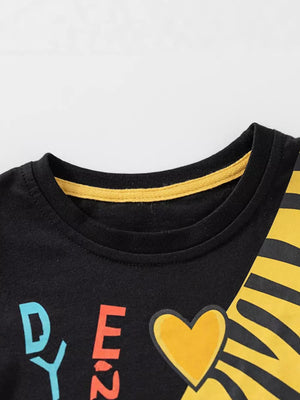 Black cotton baby tee with tiger graphic and yellow trim neckline.