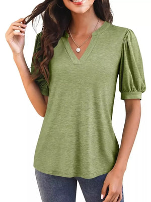 Matcha green t-shirt with puff sleeves and notched V-neck.