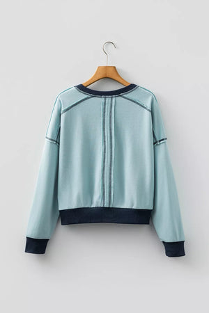 Contrast Edge Colorblock Crop Sweatshirt in Pastel Blue, model styling view