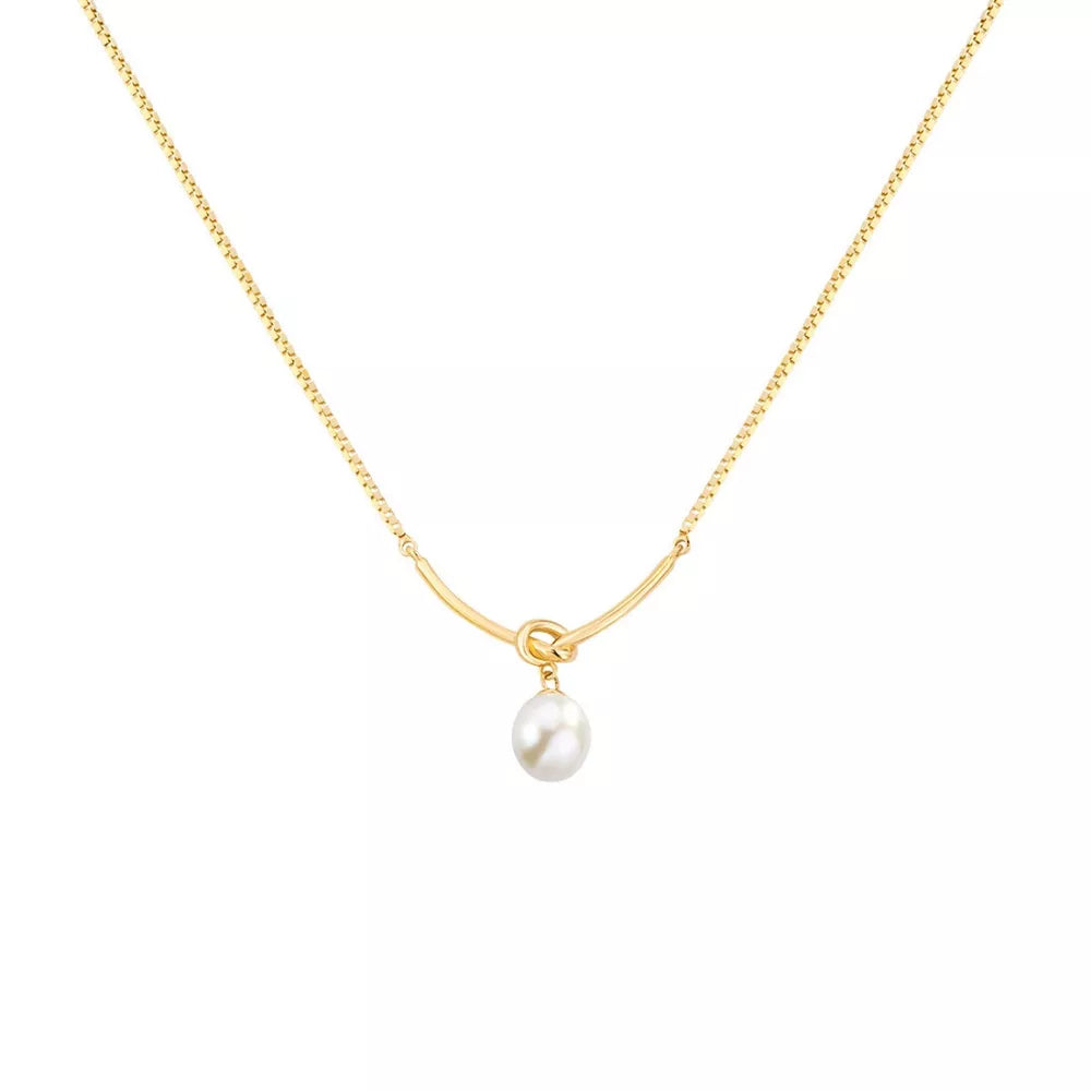 Gold necklace with a curved bar and a single pearl pendant.