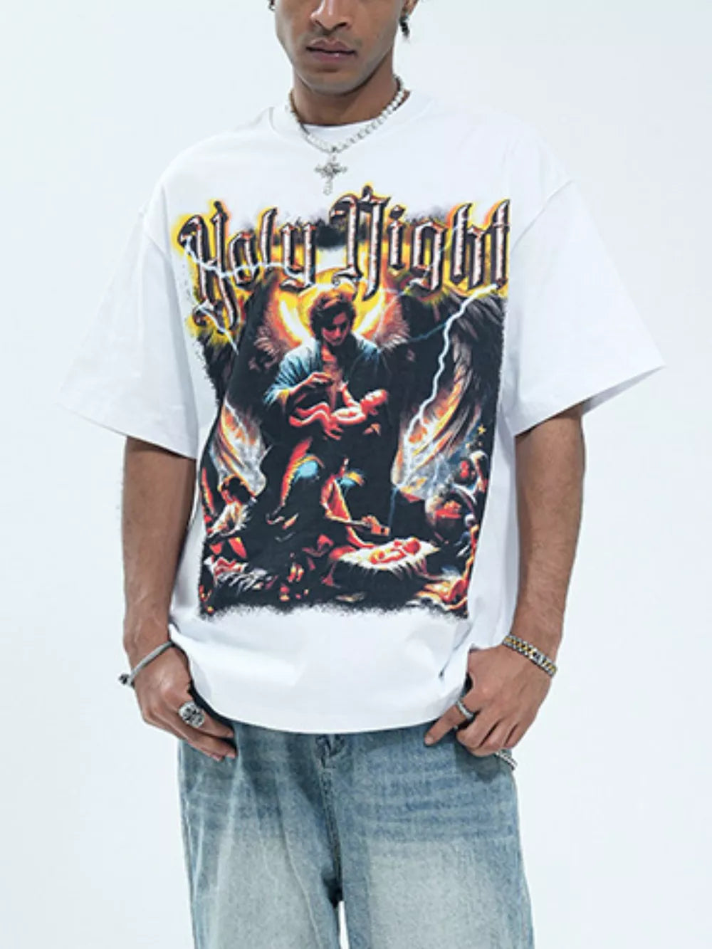 White oversized cotton t-shirt with Holy Night graphic print and angelic imagery.