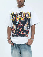 White oversized cotton t-shirt with Holy Night graphic print and angelic imagery.