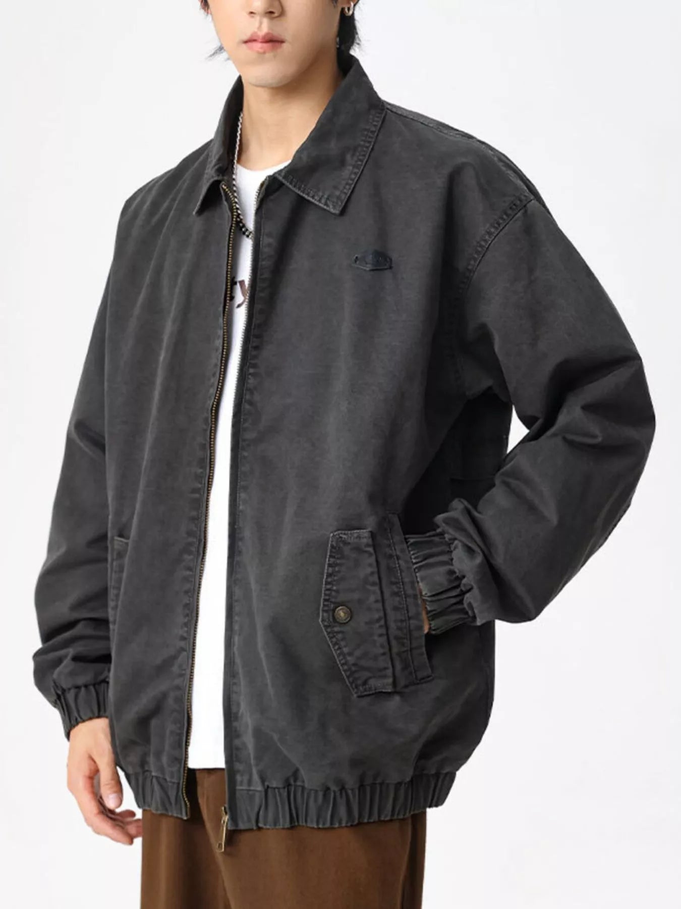 Men's dark gray casual zip jacket with a collar and elastic cuffs.