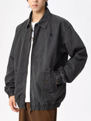 Men's dark gray casual zip jacket with a collar and elastic cuffs.