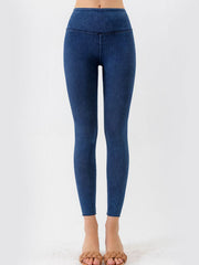 Sculpted denim leggings in peacock blue with a V-waist and seamless ankles.