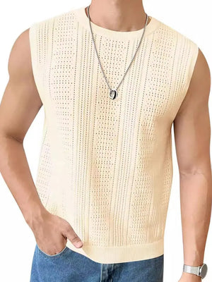 Beige textured knit sleeveless tank top with a crew neck and open stitch pattern.