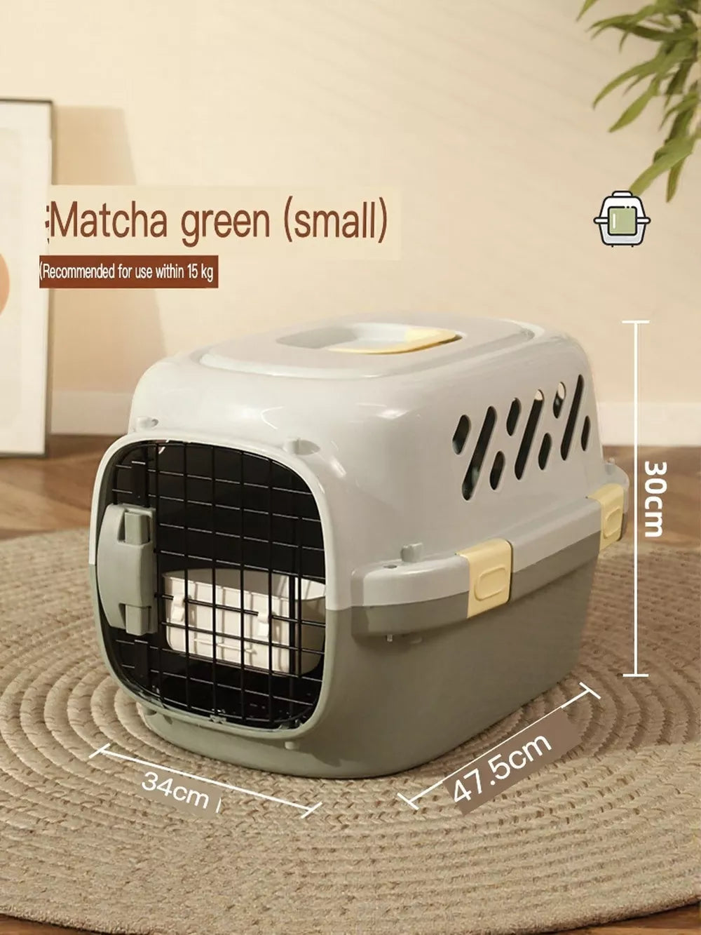 Two-tone Matcha Green small hard-sided pet carrier with ventilation and secure latch.