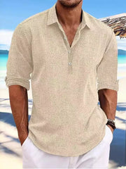 Khaki relaxed fit half-button casual shirt with rolled sleeves.