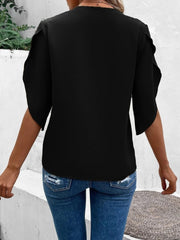 Black flutter sleeve blouse with scalloped lace trim detail