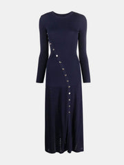 Dark blue ribbed knit maxi dress with decorative buttons and eyelet skirt detail.