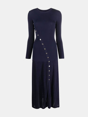 Dark blue ribbed knit maxi dress with decorative buttons and eyelet skirt detail.