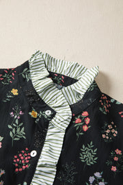 Black floral cotton blouse with ruffled striped collar and button front