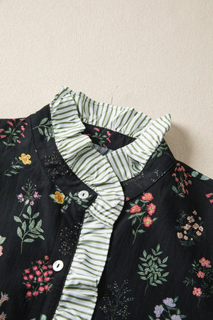 Black floral cotton blouse with ruffled striped collar and button front