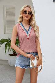 Dusty pink perforated knit tank top with embroidered V-neck trim