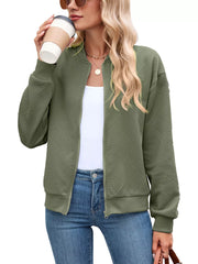 Black bomber jacket with zip-front and geometric