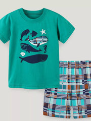 Toddler whale print tee and plaid shorts ensemble, cotton, green tee