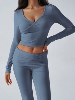 Dusty Blue cross-front long sleeve crop top and flare lounge pants set