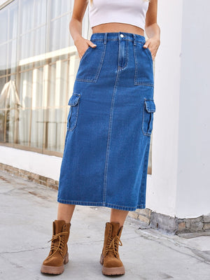 Medium wash denim midi skirt with cargo pockets and a casual cut.