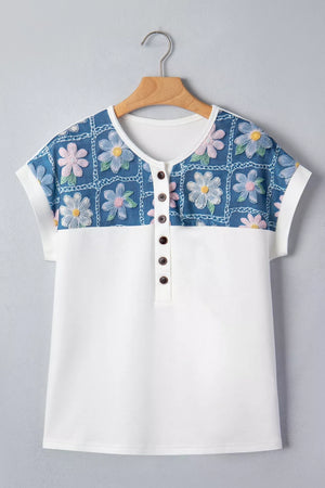 White maternity t-shirt with embroidered floral yoke and button detail