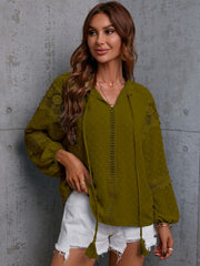 Moss textured blouse with lace trim and tie neck, long sleeves