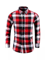 Men's long sleeve cotton button-up shirt in red, black, white, and grey plaid.