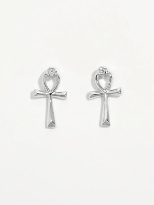 Silver ankh stud earrings with zircon detail