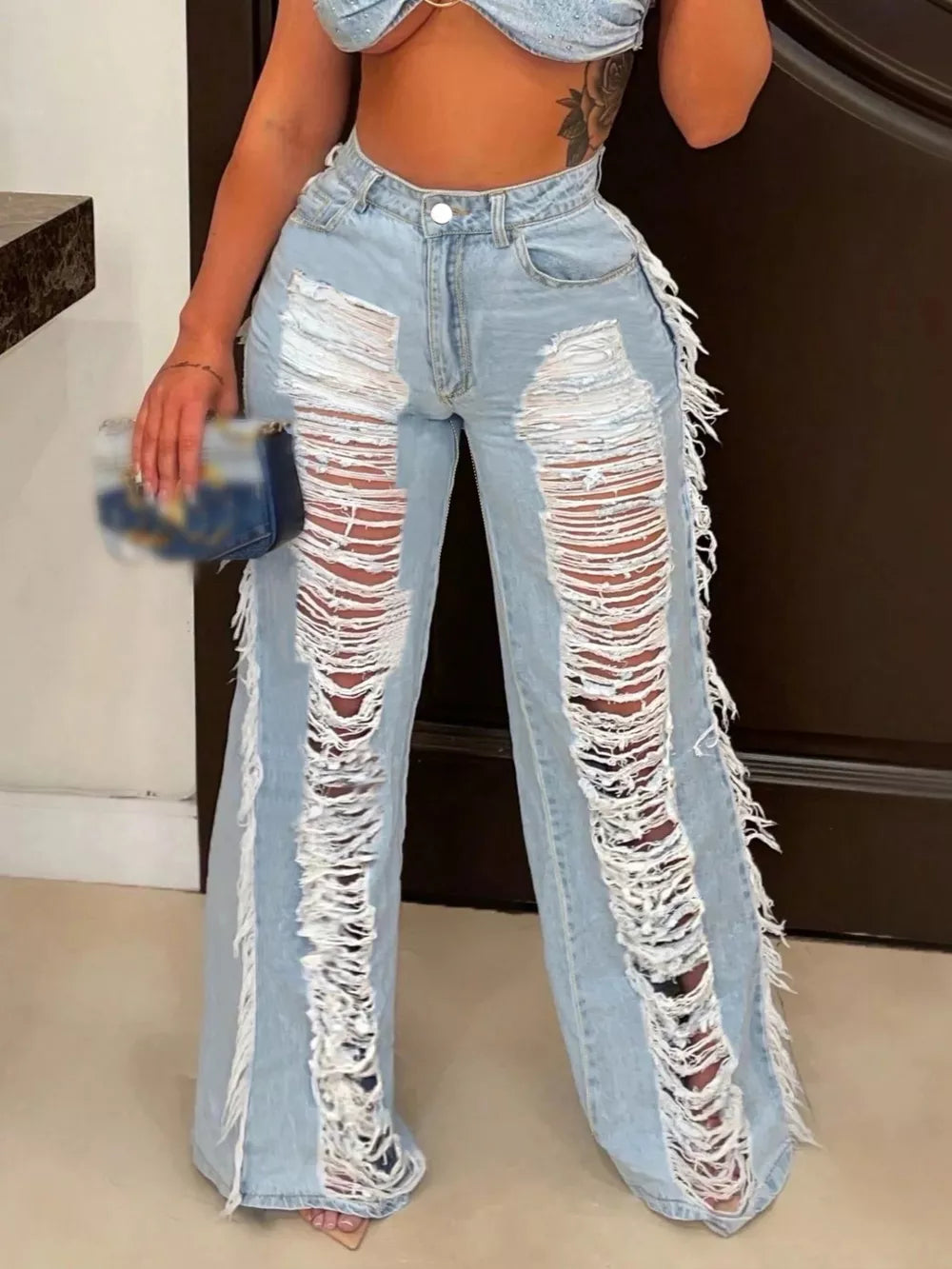Fringe-detail Distressed Wide-leg Jeans