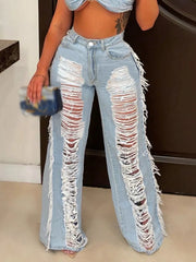 Fringe-detail Distressed Wide-leg Jeans