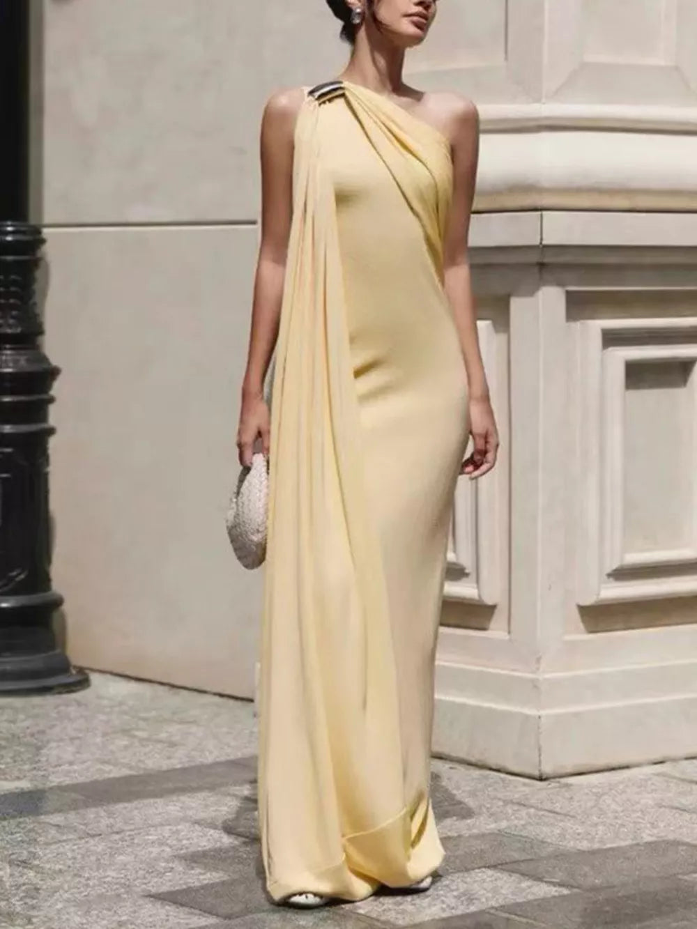 Elegant Draped Maxi Dress With Silver Accent
