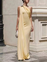 Elegant Draped Maxi Dress With Silver Accent