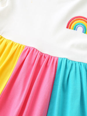 Toddler cotton dress with rainbow embroidery and colorful striped skirt.