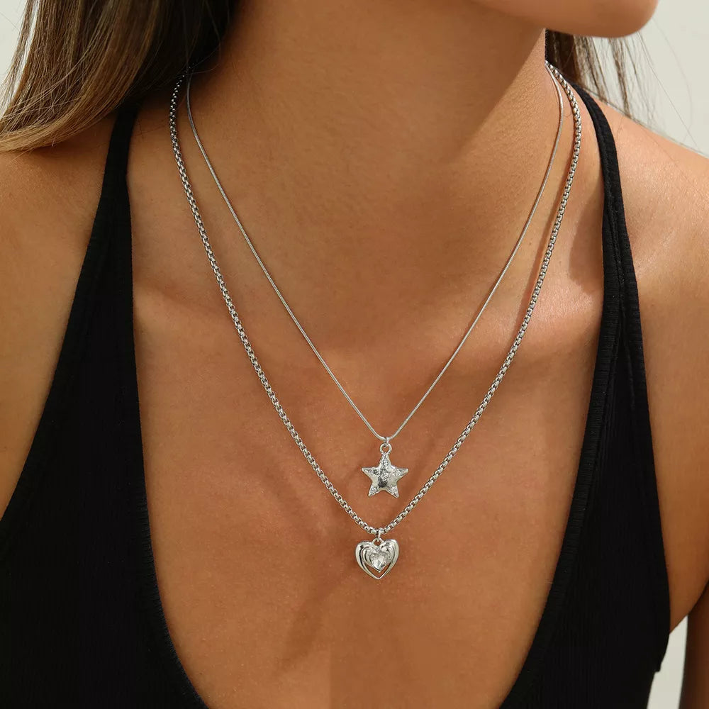 2-piece Star And Heart Pendant Alloy Necklace in Silver, side view
