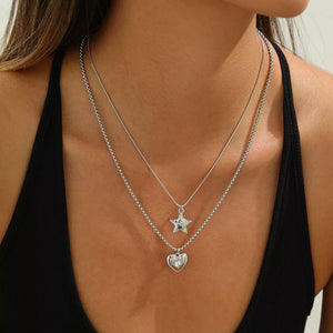 2-piece Star And Heart Pendant Alloy Necklace in Silver, side view