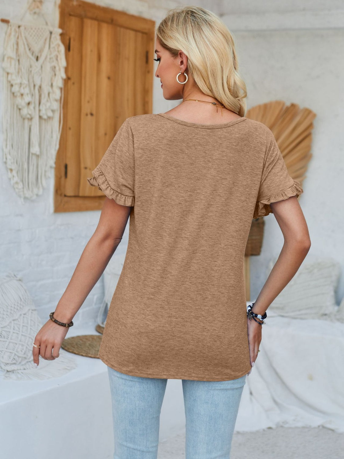 Camel t-shirt with flutter sleeves and crew neck, casual everyday top.