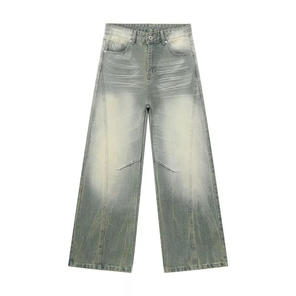 Men's wide leg jeans in a light wash denim with a gradient effect and distressed details.