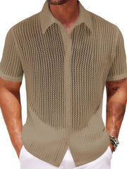 Taupe open-knit short-sleeve resort shirt with button-up front and collar.