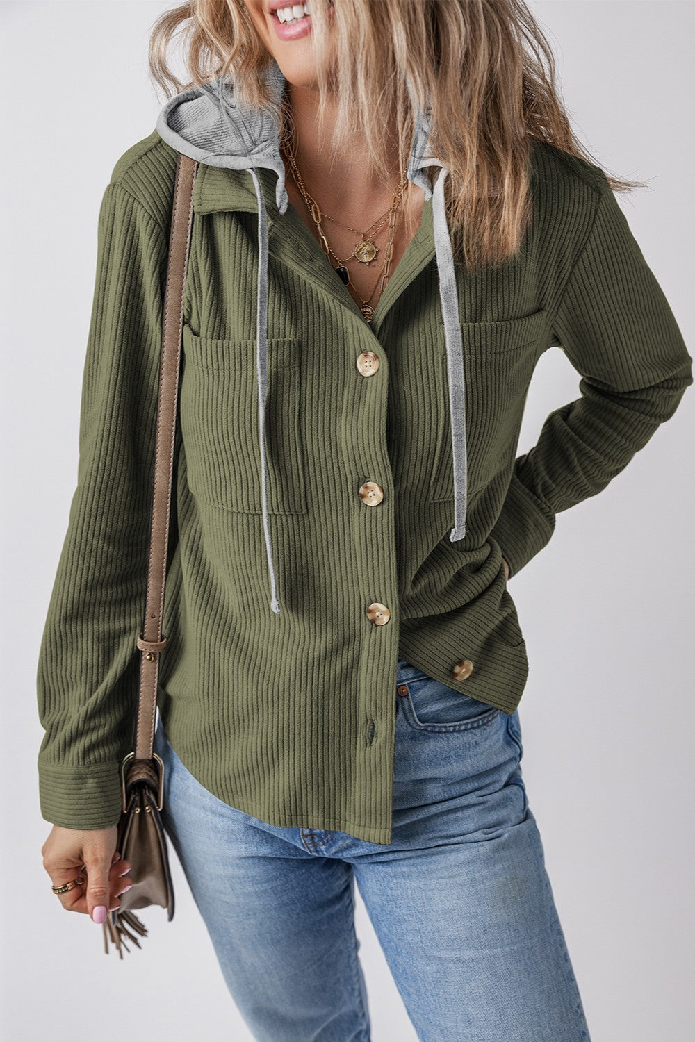 Moss corduroy shirt jacket with contrast gray hood and button front