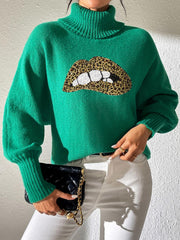 Green turtleneck sweater with sequin lip detail and balloon sleeves