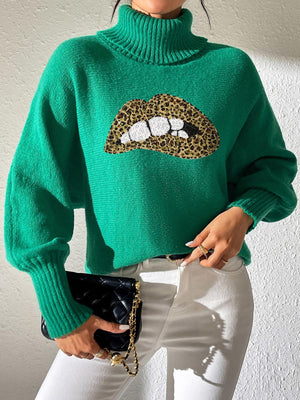 Green turtleneck sweater with sequin lip detail and balloon sleeves