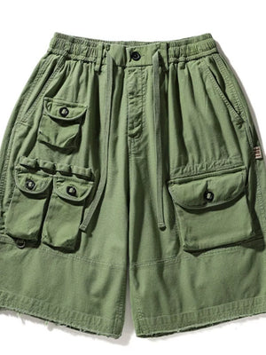 Green men's cargo shorts with multiple pockets and drawstring waist.