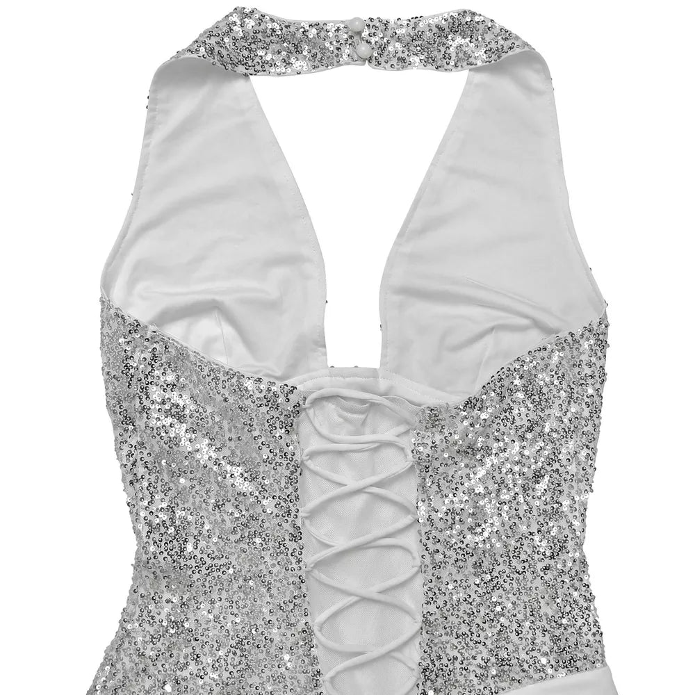 White sequin halter neck maxi gown with lace-up back detail