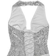 White sequin halter neck maxi gown with lace-up back detail