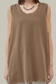 Relaxed olive brown tank top with a scoop neck and raw hem detail.
