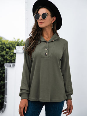 Army green waffle knit long sleeve tee with button neckline detail