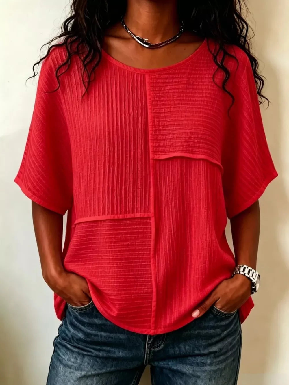 Full Size Texture Round Neck Half Sleeve Blouse, product detail