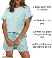 Green ruffled sleeve two-piece set with drawstring shorts