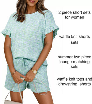Green ruffled sleeve two-piece set with drawstring shorts