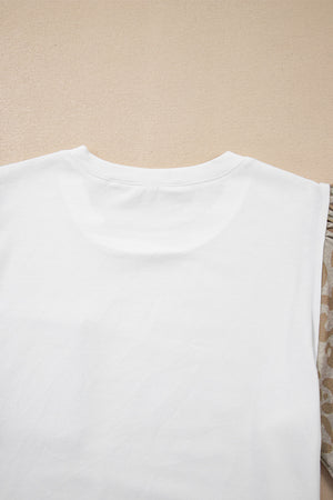 White cotton t-shirt with leopard print sleeves and crochet detail