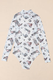 White mesh bodysuit with western boot and horseshoe print, long sleeves, mock neck.
